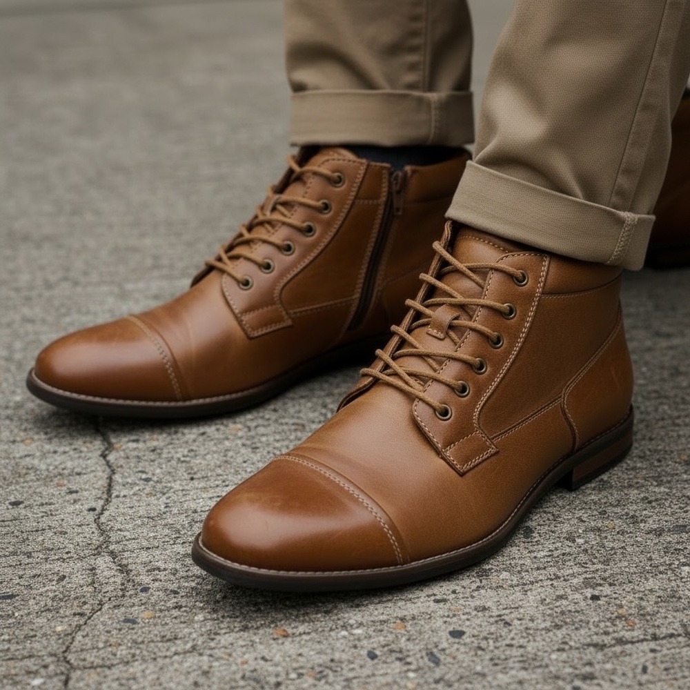 Kunsto Men Light Brown Leather Cap Toe Lace Up Side Zip Ankle Boots 12 SN4954-01